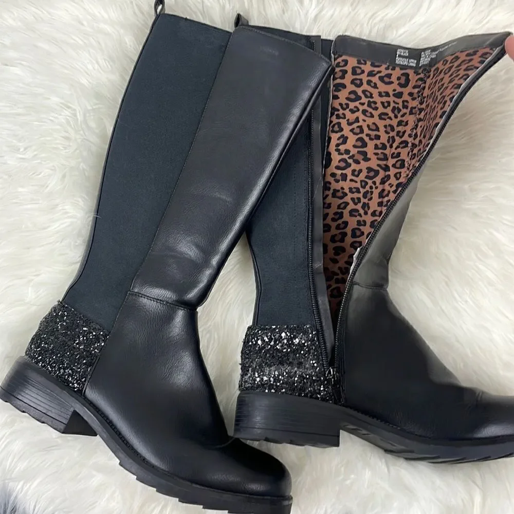 Steve Madden | girls tall glitter boots 4.0 jjosette black with cheetah print